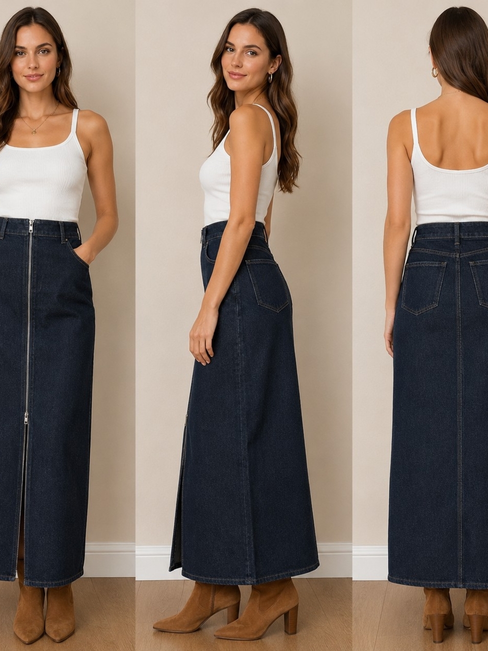 Dark Indigo Zip-Front Denim Maxi Skirt Size L